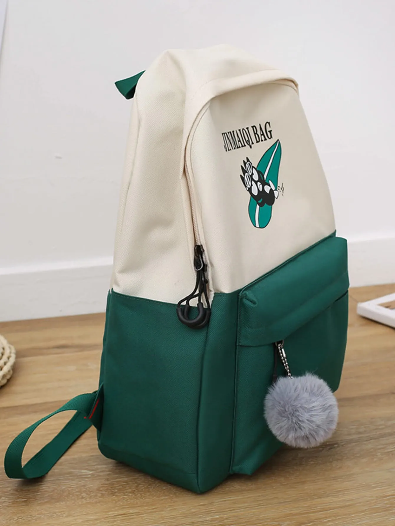 4pcs Pom Pom Charm Cartoon Graphic Backpack Set