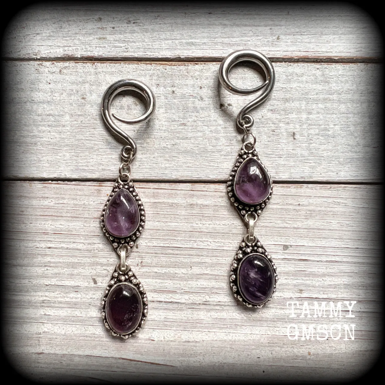 Amethyst ear hangers-Gemstone gauged earrings