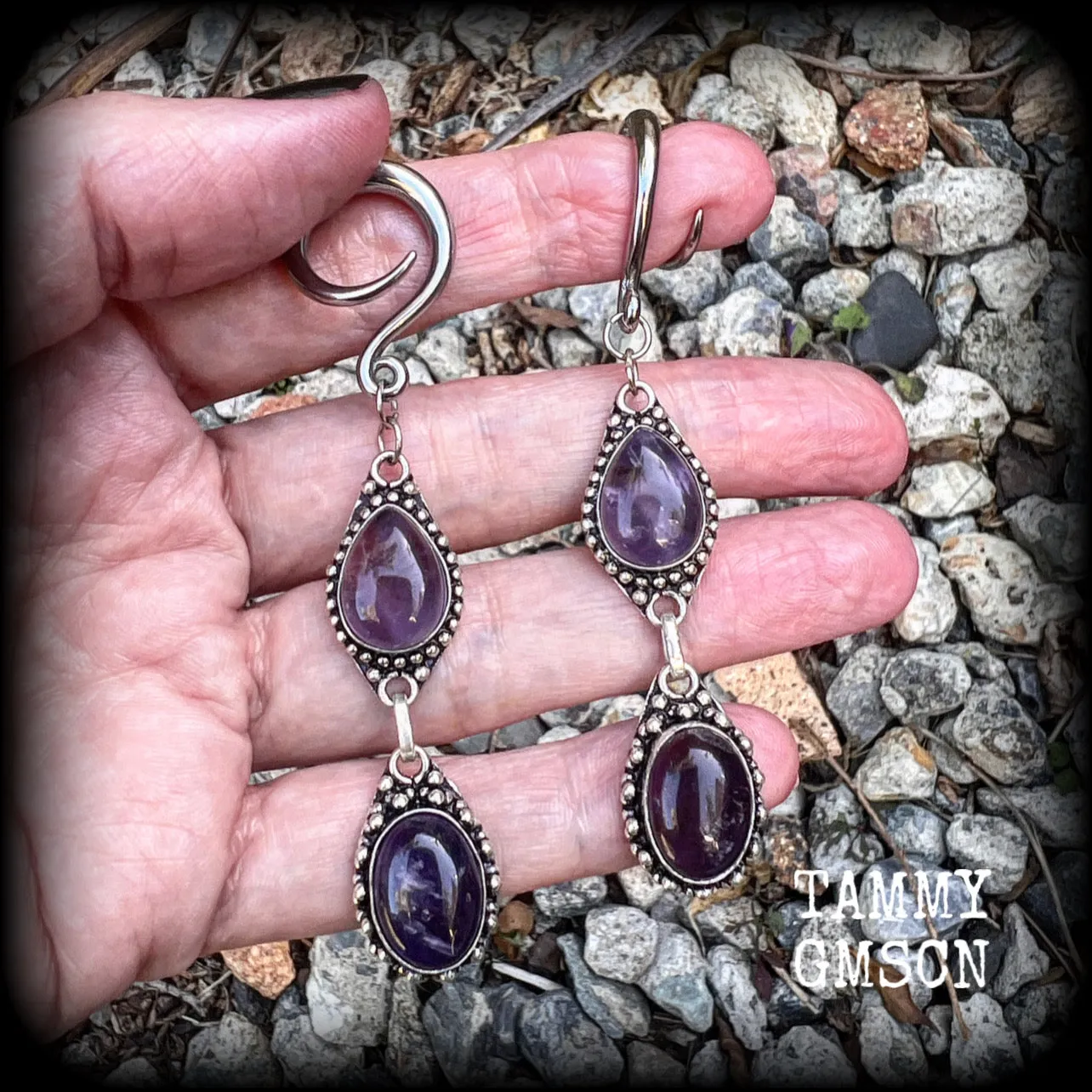 Amethyst ear hangers-Gemstone gauged earrings