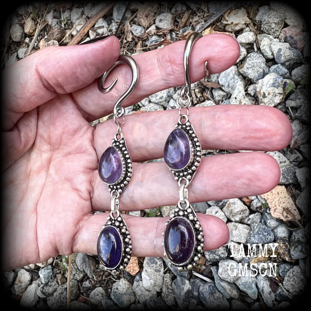 Amethyst ear hangers-Gemstone gauged earrings