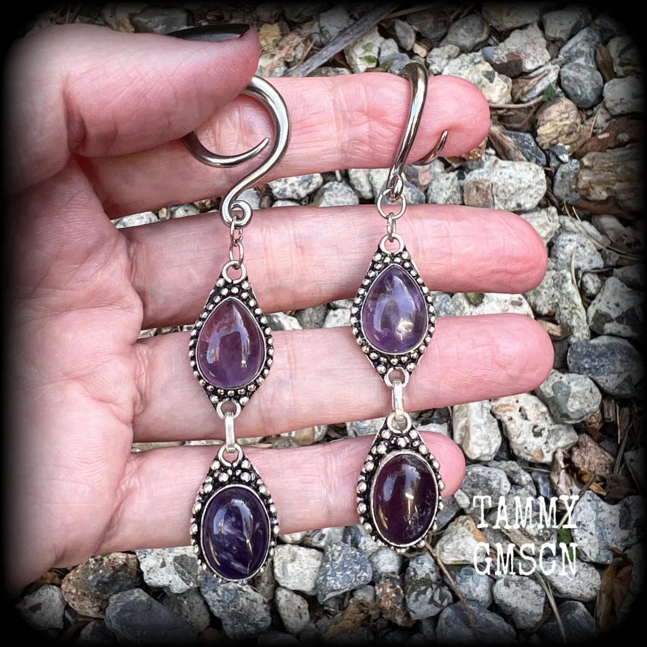 Amethyst ear hangers-Gemstone gauged earrings