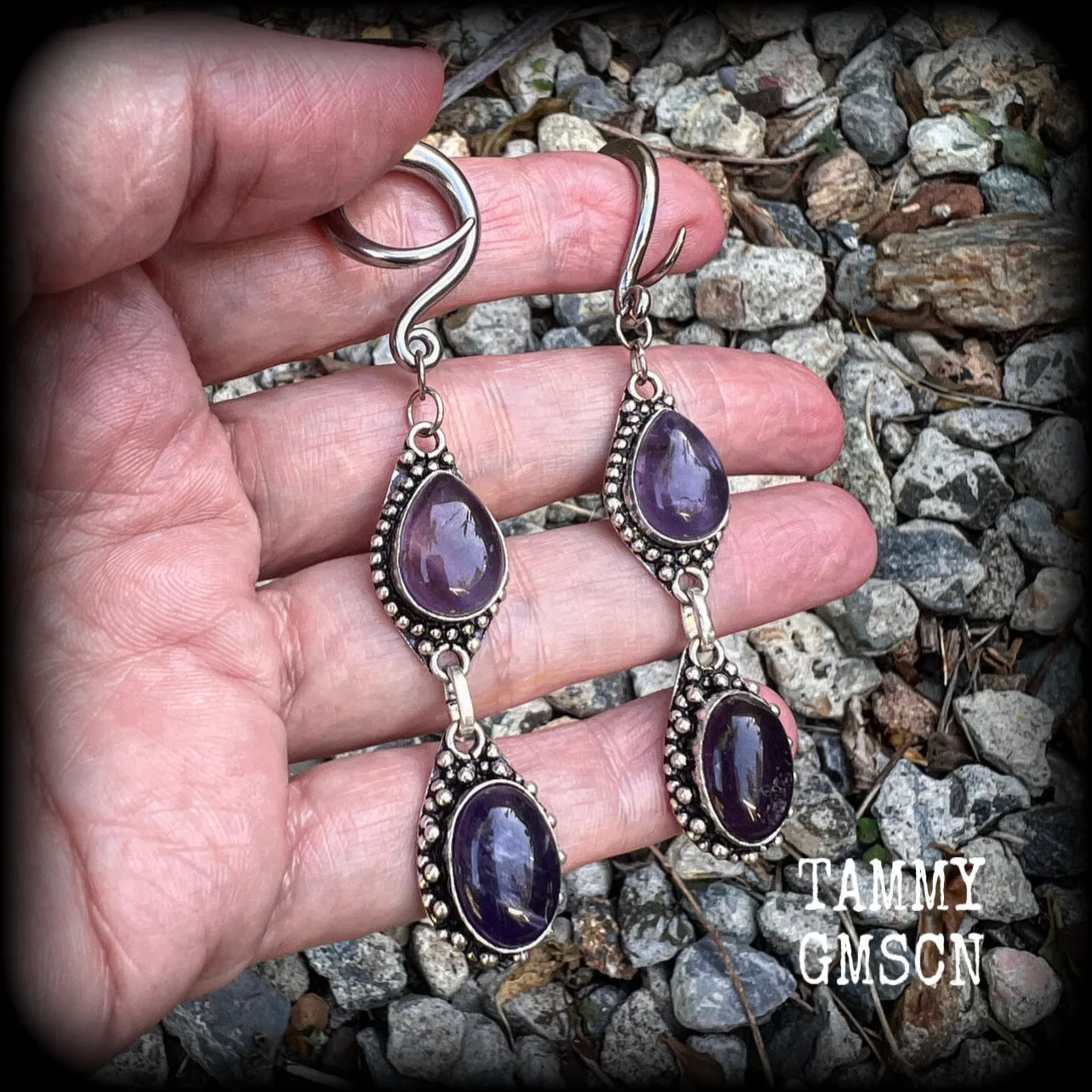 Amethyst ear hangers-Gemstone gauged earrings