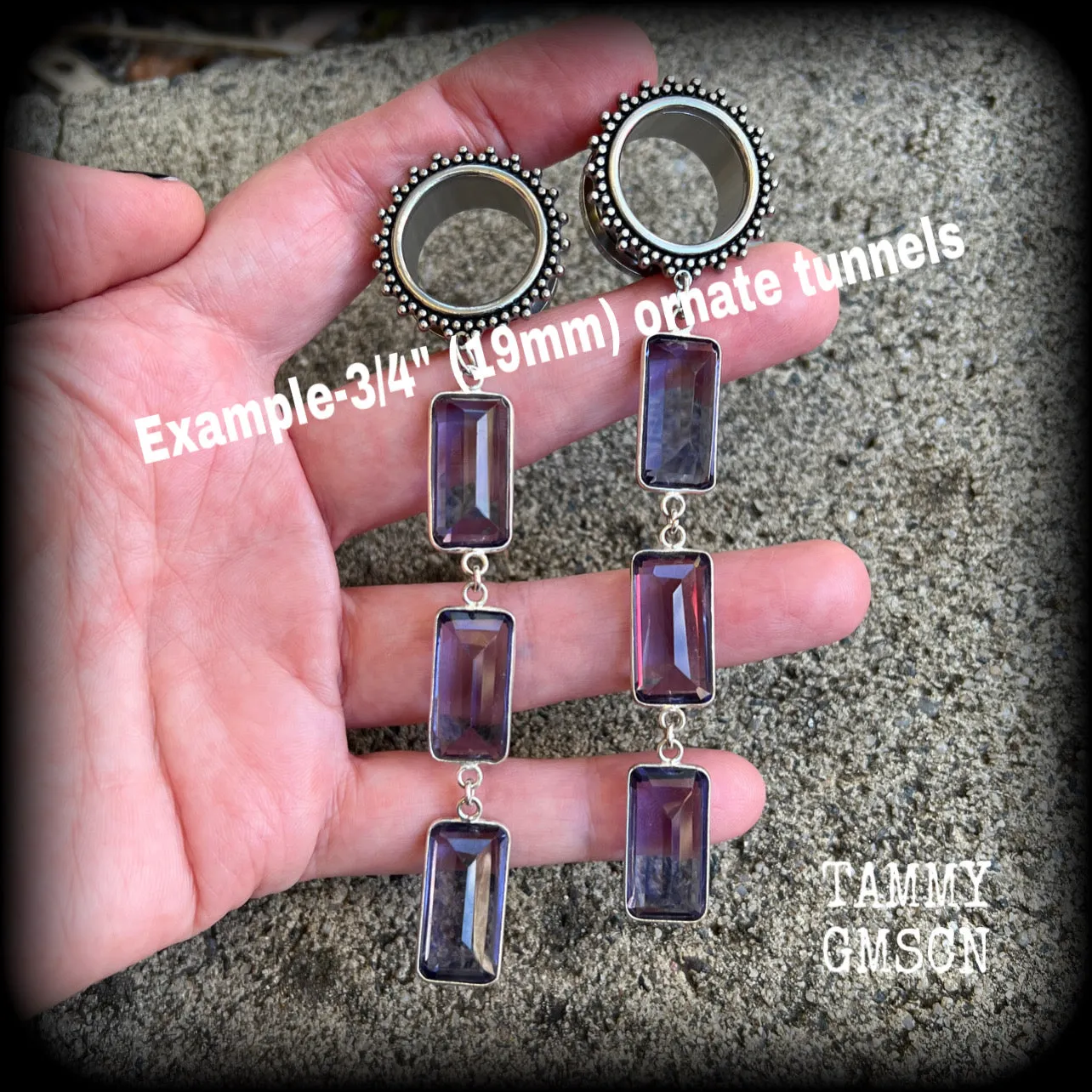 Amethyst tunnel dangles-Ornate tunnels