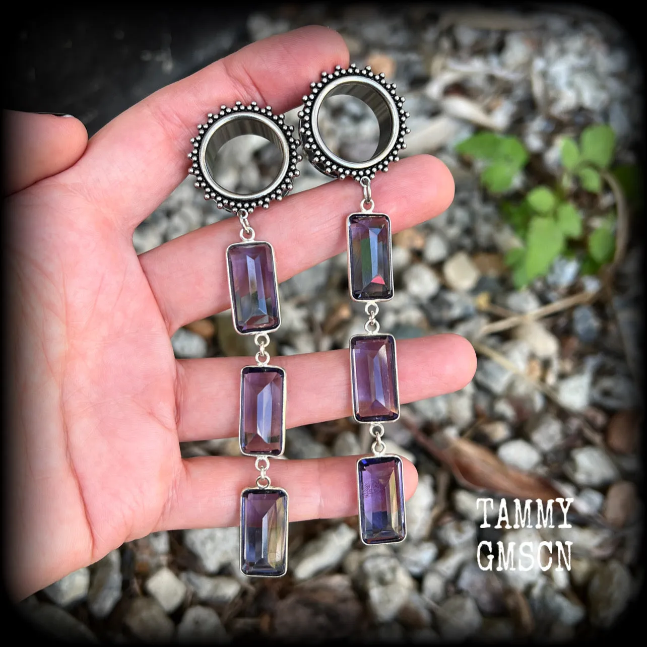 Amethyst tunnel dangles-Ornate tunnels