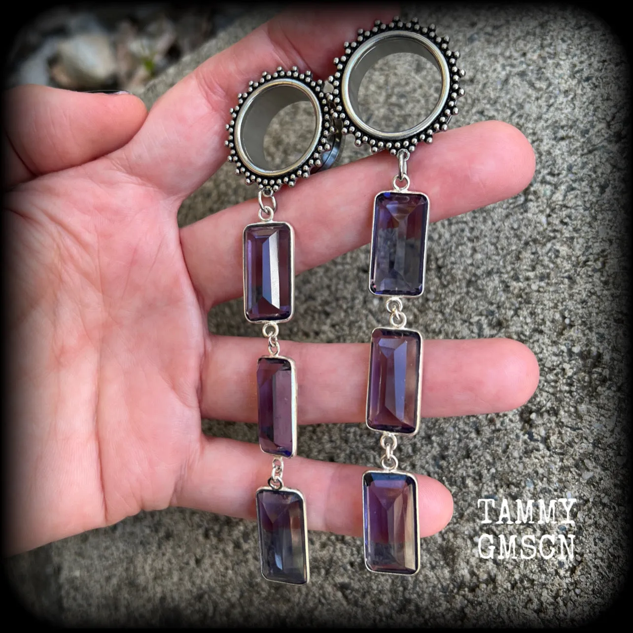 Amethyst tunnel dangles-Ornate tunnels