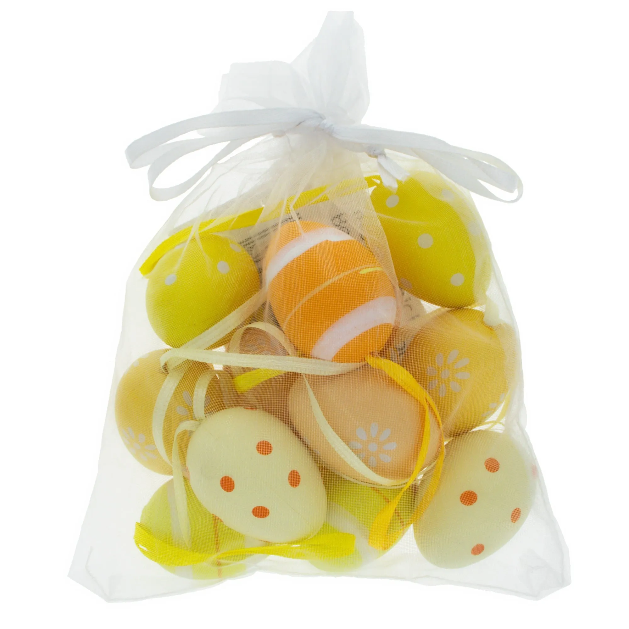 Bag Of 12 Miniature Pastel Yellow Polka Dot, Flowers, Stripes Plastic Easter Egg Ornaments 1.5 Inches