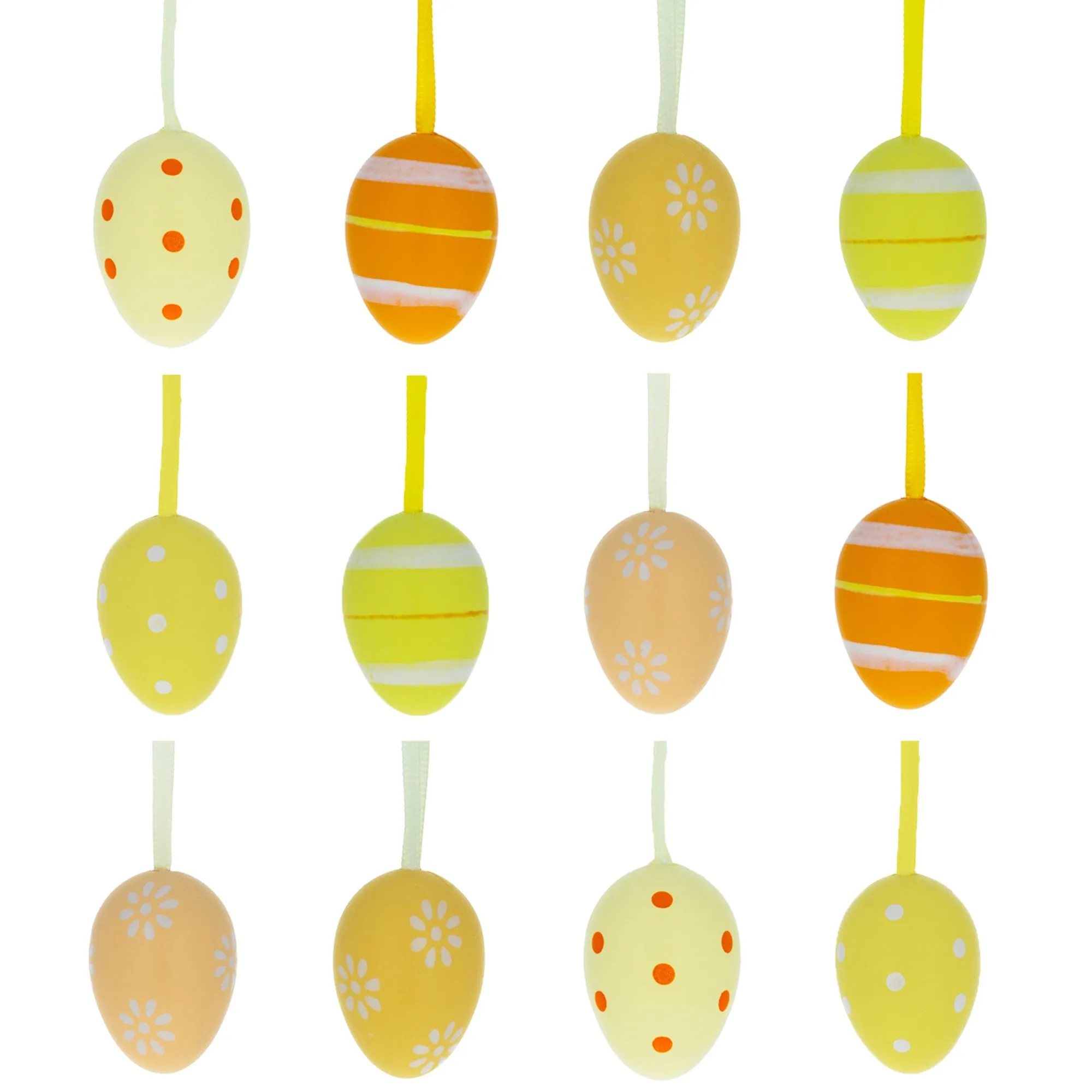 Bag Of 12 Miniature Pastel Yellow Polka Dot, Flowers, Stripes Plastic Easter Egg Ornaments 1.5 Inches