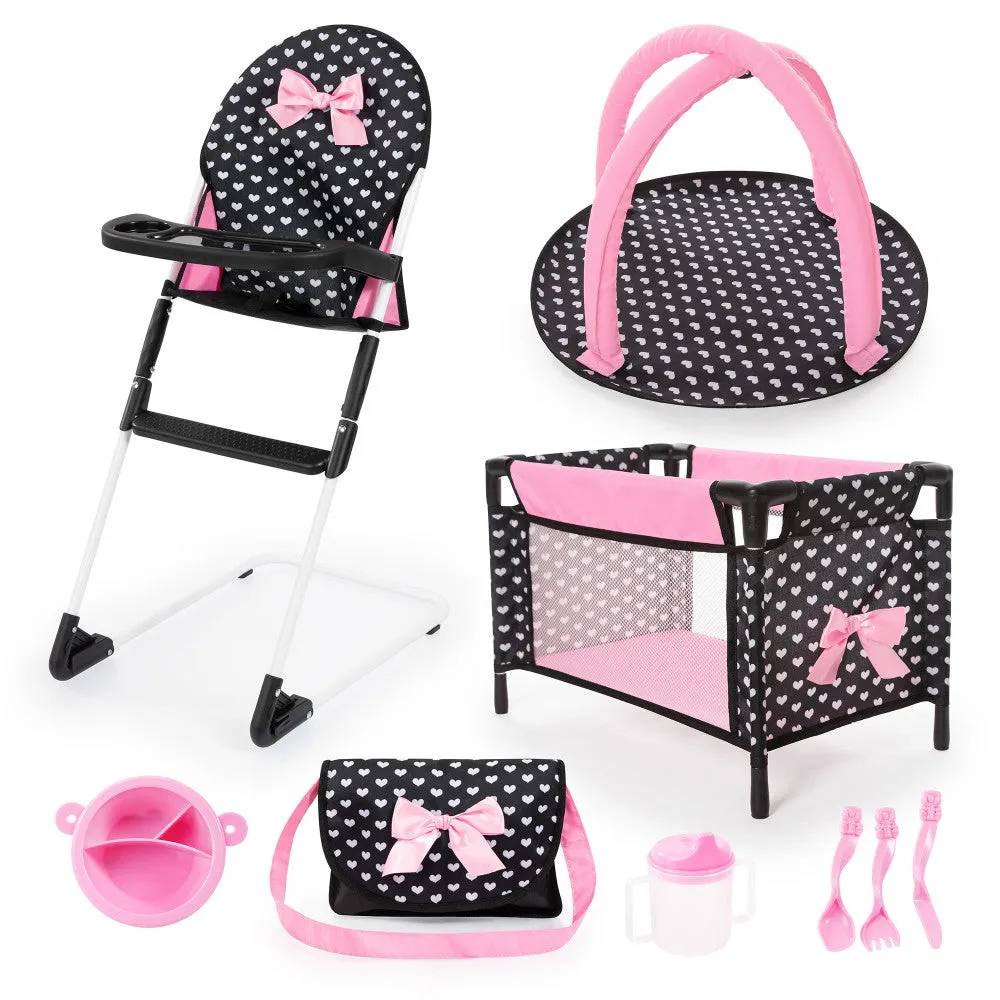 Bayer Design Dolls: 9-Piece Travel Set with Highchair and Port-a-Crib - Black, Pink, Hearts