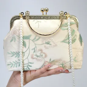 Beige Embroidered Lace Roses Floral Pearl Wedding Bag, Statement Bag, Evening Clutch, Wedding Clutch, Bridal Clutch, White Cross Body Bag