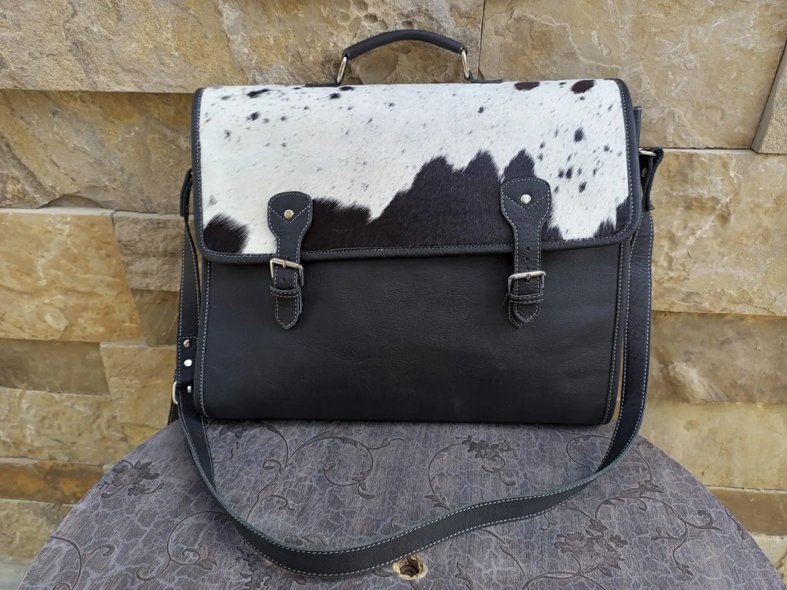 Black Cowhide Laptop Bag Leather Large Laptop Bag