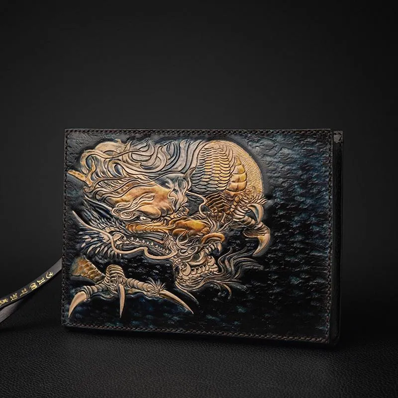 Black Handmade Tooled Leather Mahākāla Clutch Wallet Wristlet Bag Clutch Purse For Men