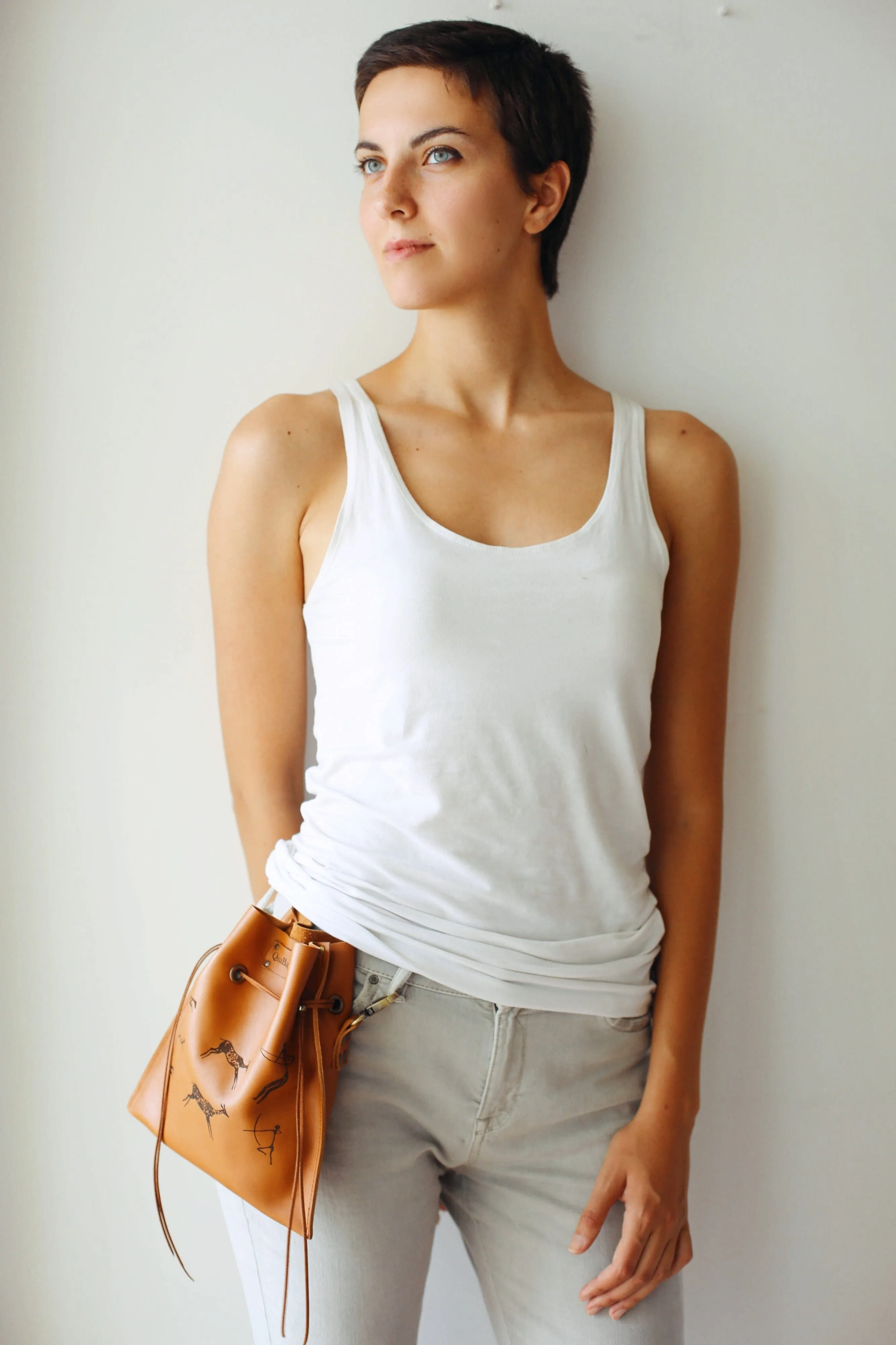 Brown Leather Pouch with Deer Print