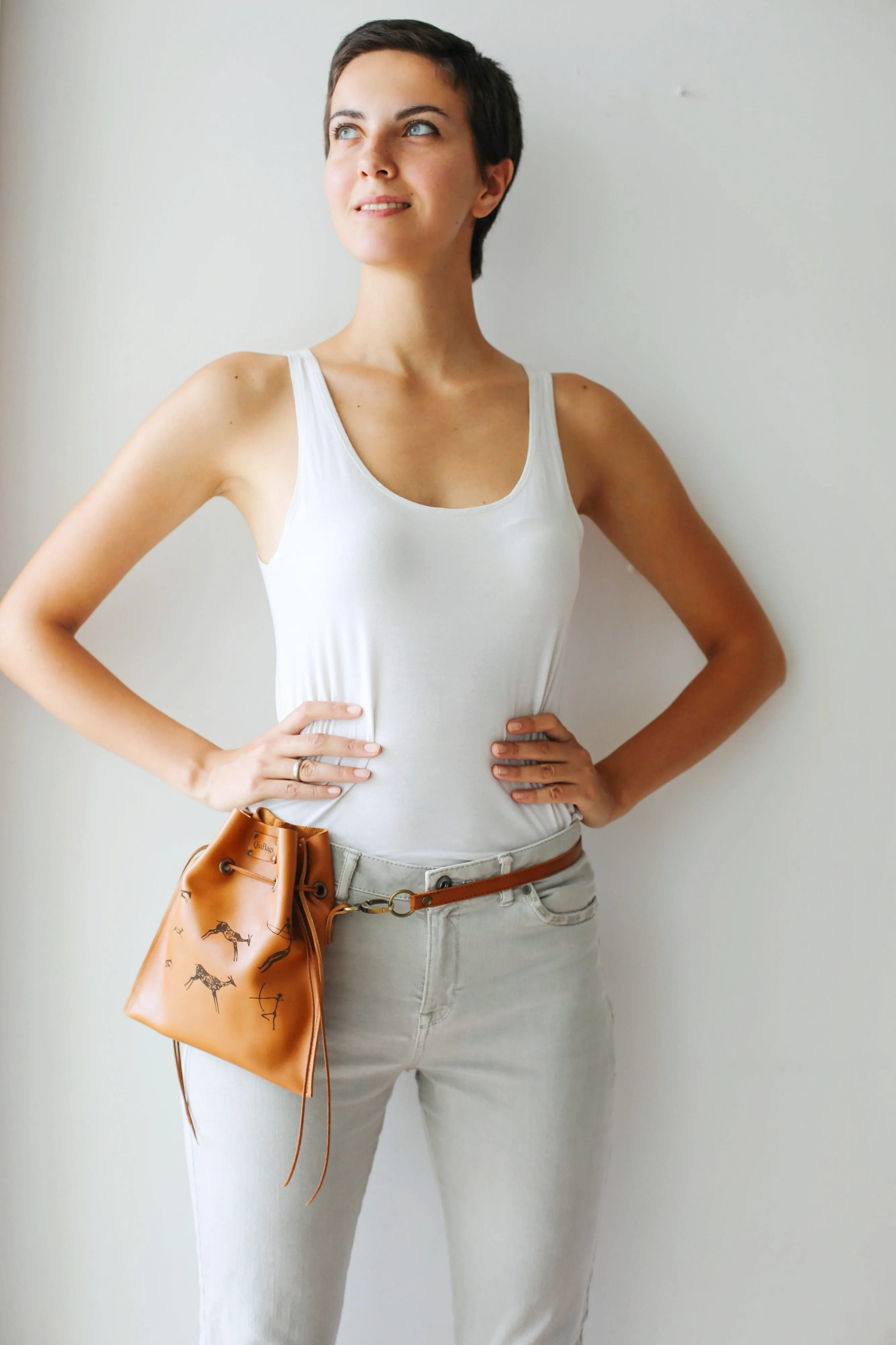 Brown Leather Pouch with Deer Print