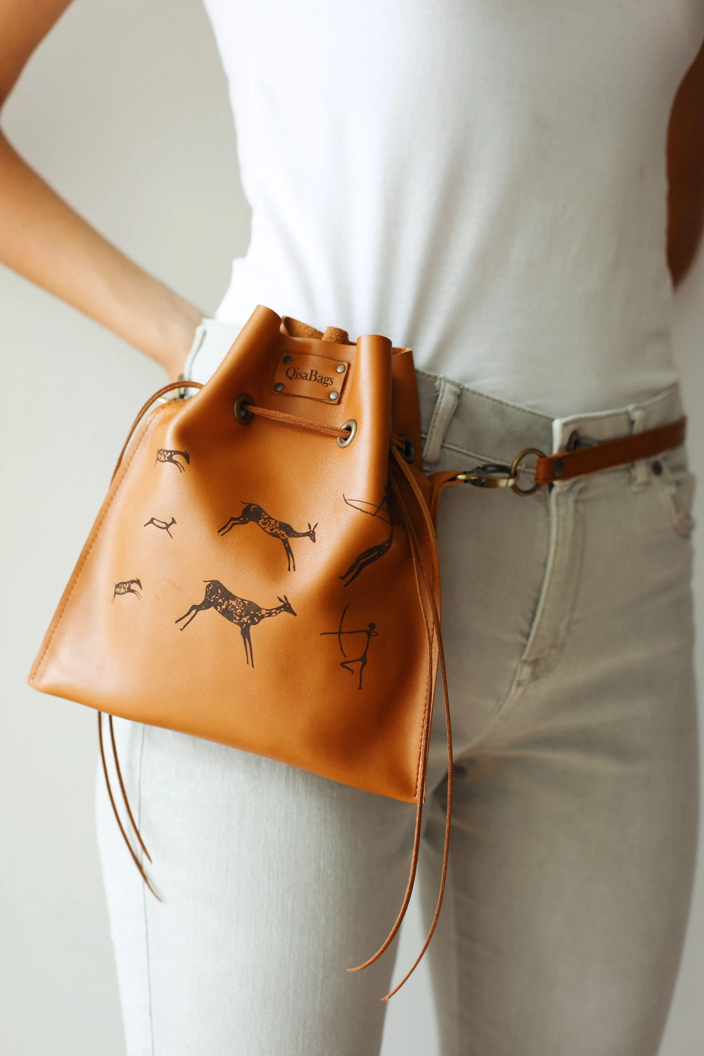 Brown Leather Pouch with Deer Print