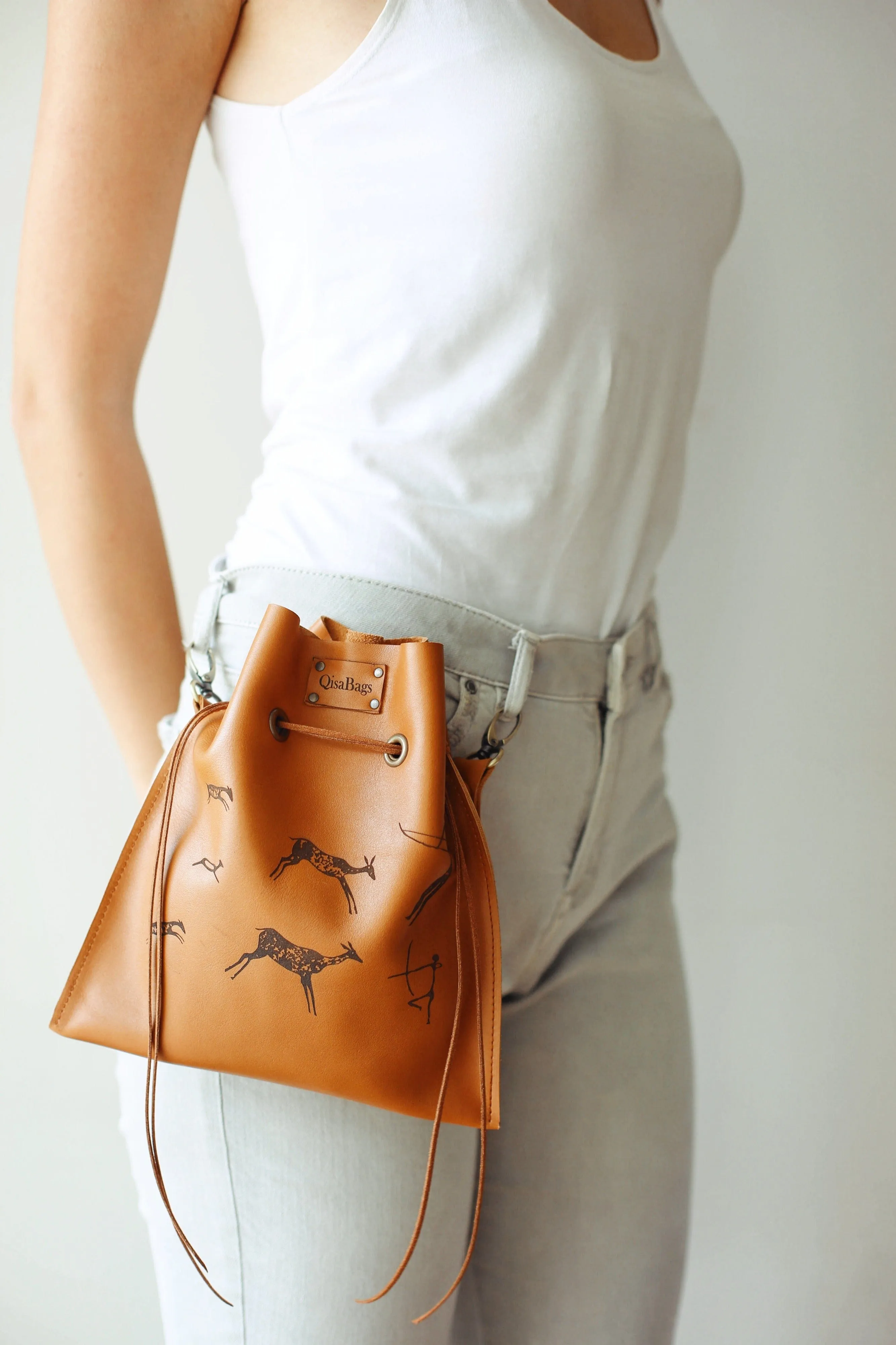 Brown Leather Pouch with Deer Print