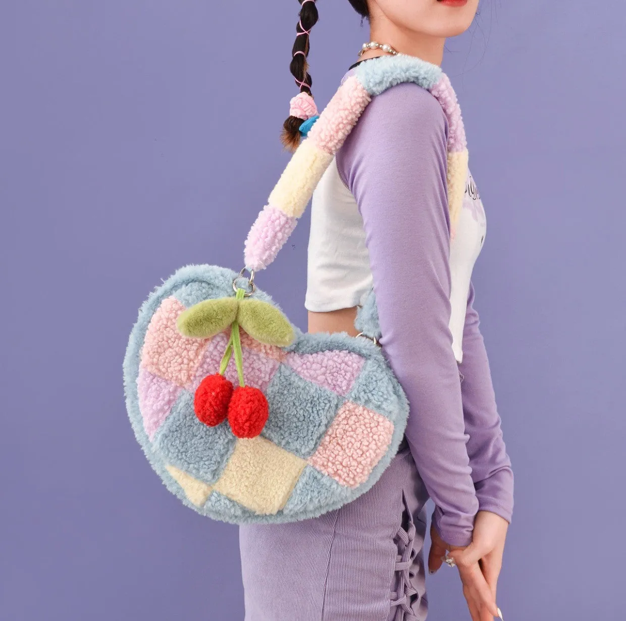 Cherry Cross Stitch Y2K Rainbow Blue & Purple Pastel Colorful Messenger Bag