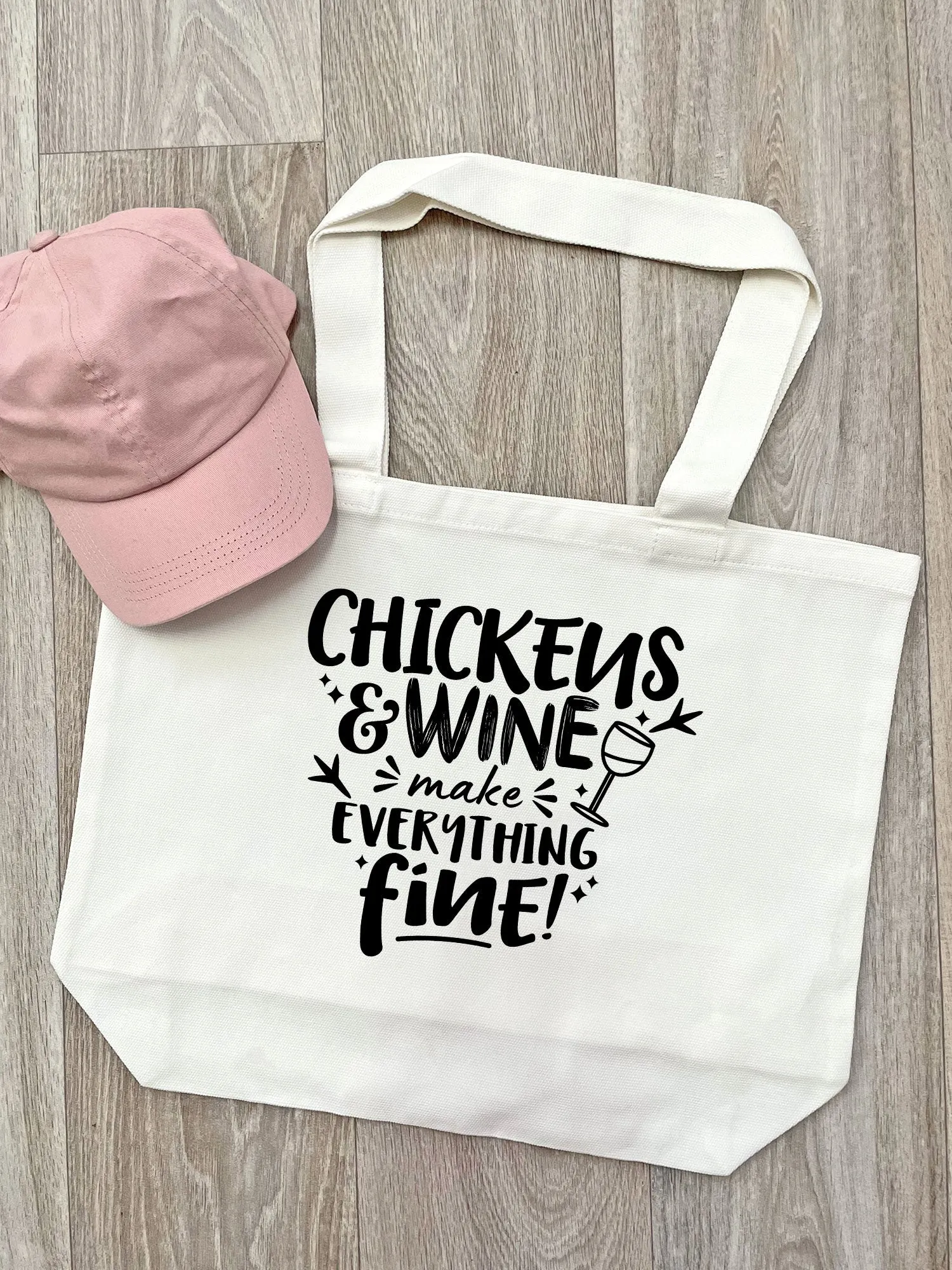 Chickens & Wine Make Everything Fine Cotton Canvas Shoulder Tote Bag