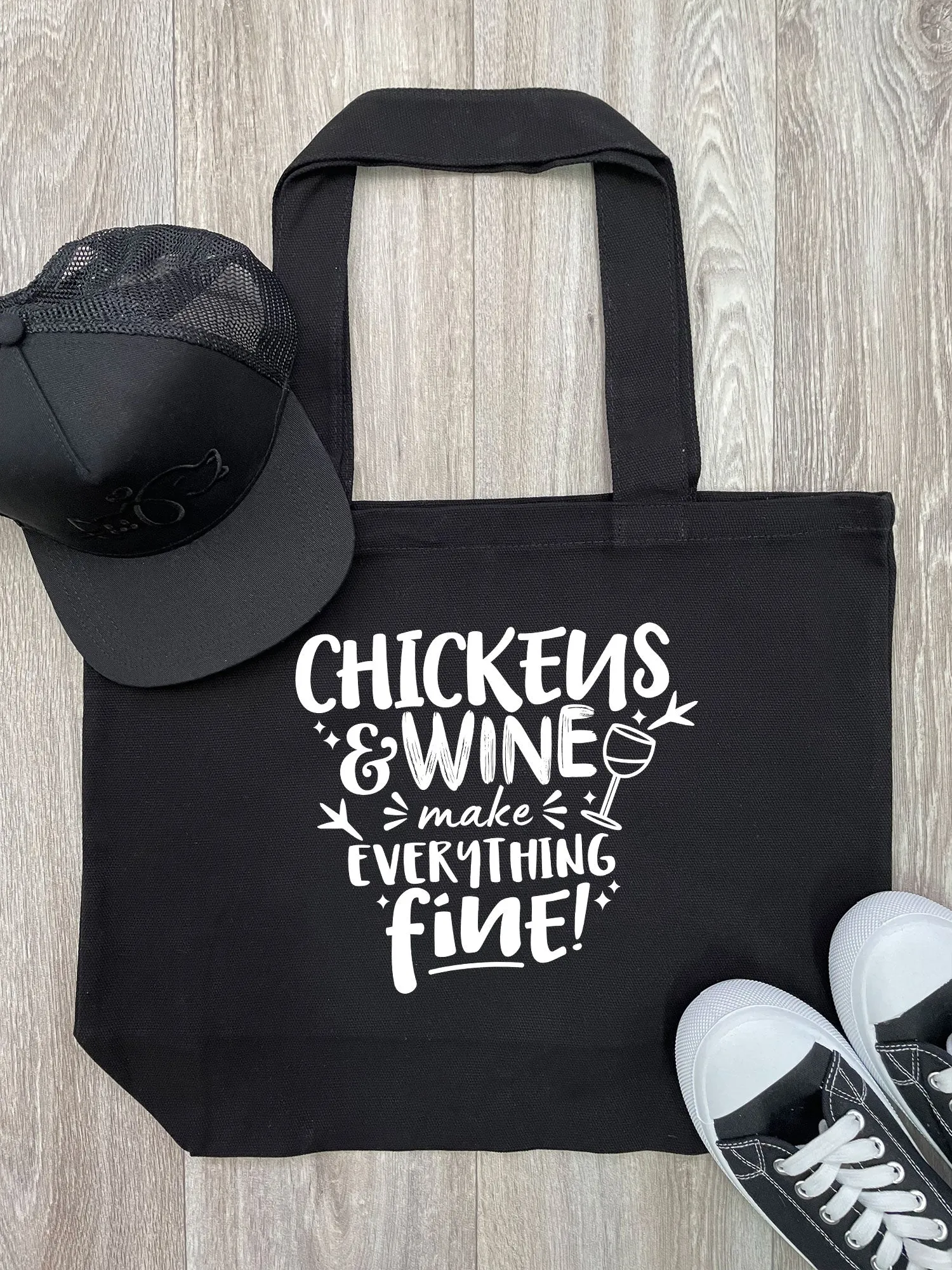 Chickens & Wine Make Everything Fine Cotton Canvas Shoulder Tote Bag