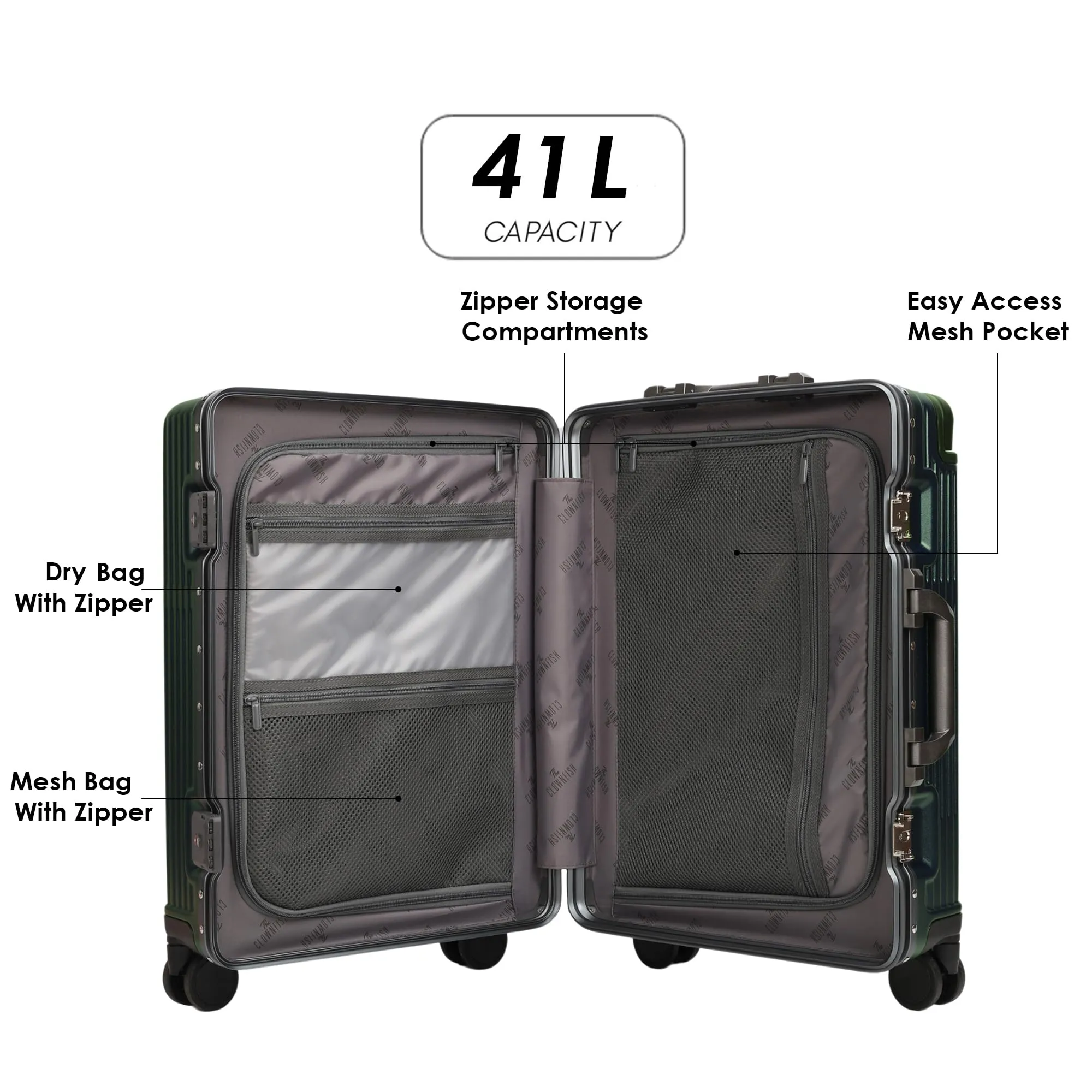 Clownfish Aeroglide Series Trolley Bags for Travel | Suitcase for Travel | Cabin Trolley Bags Luggage Bags | Polycarbonate | 41 litres | Metallic Bottle Green