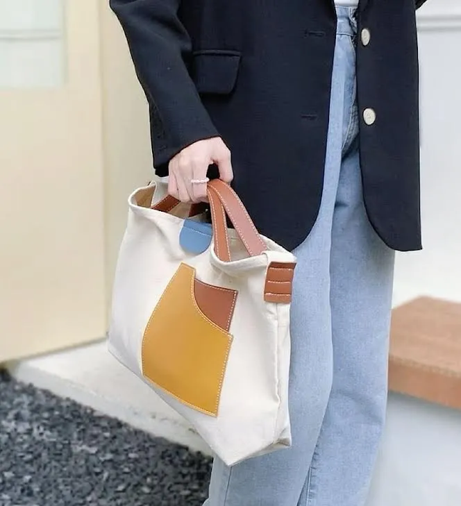 Color Block Canvas Tote Bag