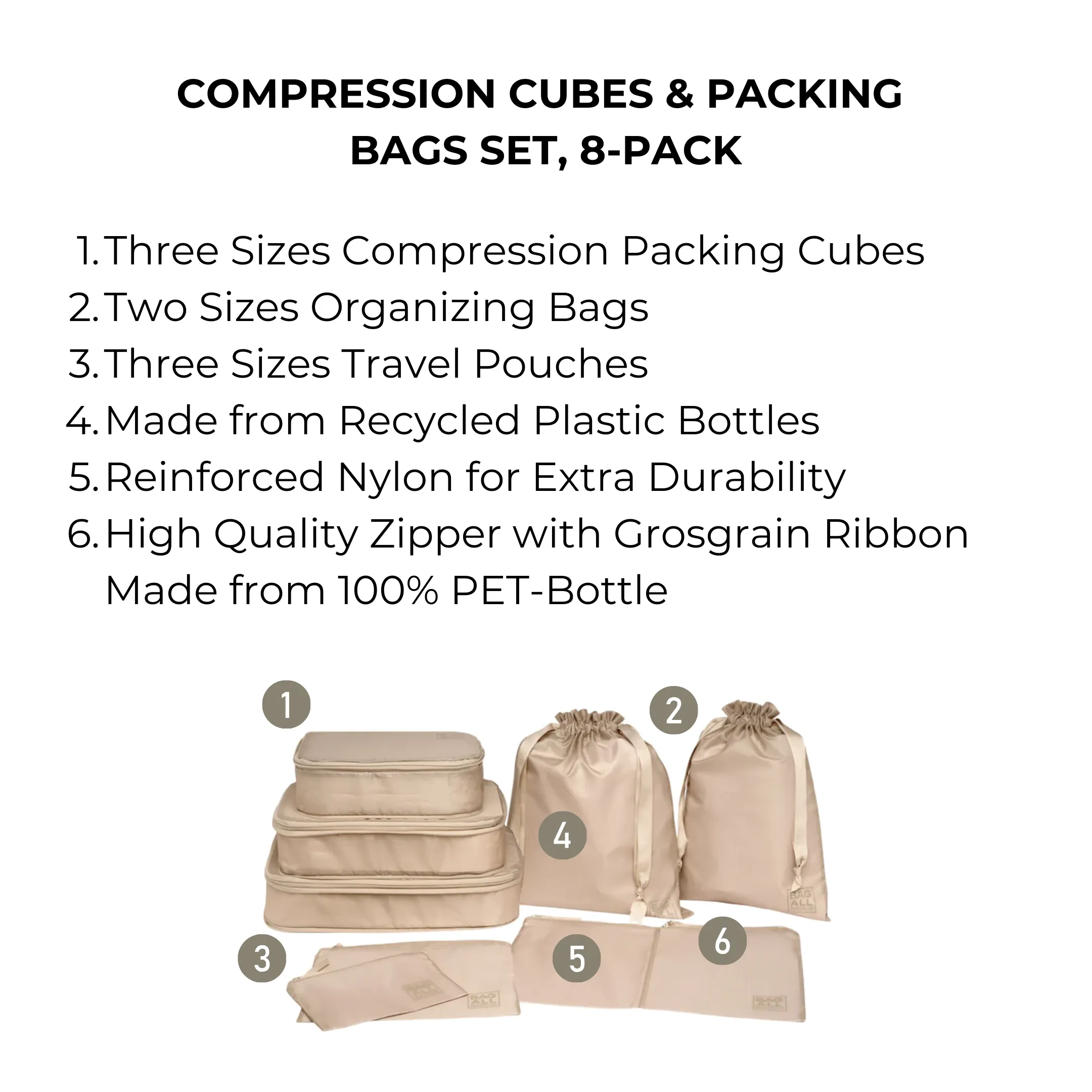 Compression Cubes & Packing Bags Set, 8-pack, Taupe