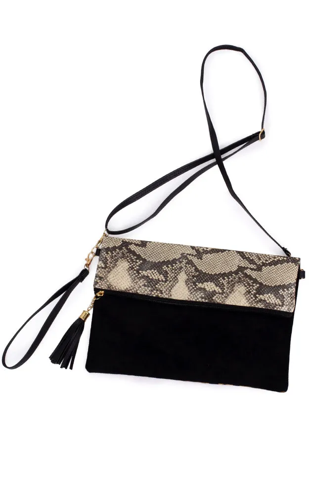 EAB9558 Beige Python Foldover Crossbody Clutch Bag (L)