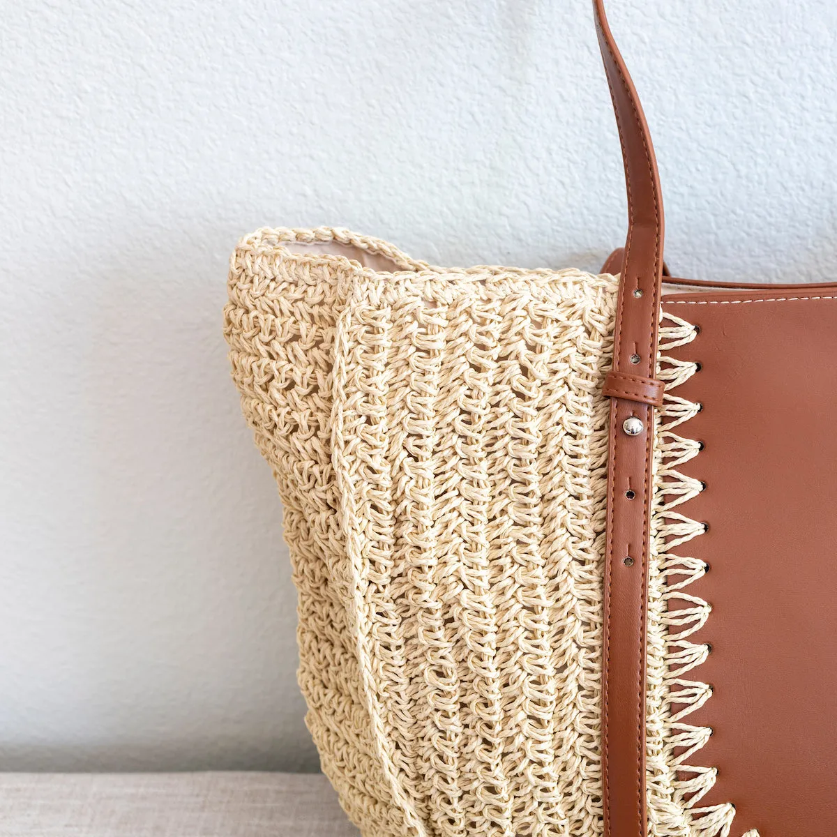 Elena Handbags Large Straw Woven Round Tote with Brown Leather Accents - Perfect Beach Bag or Summer Handbag