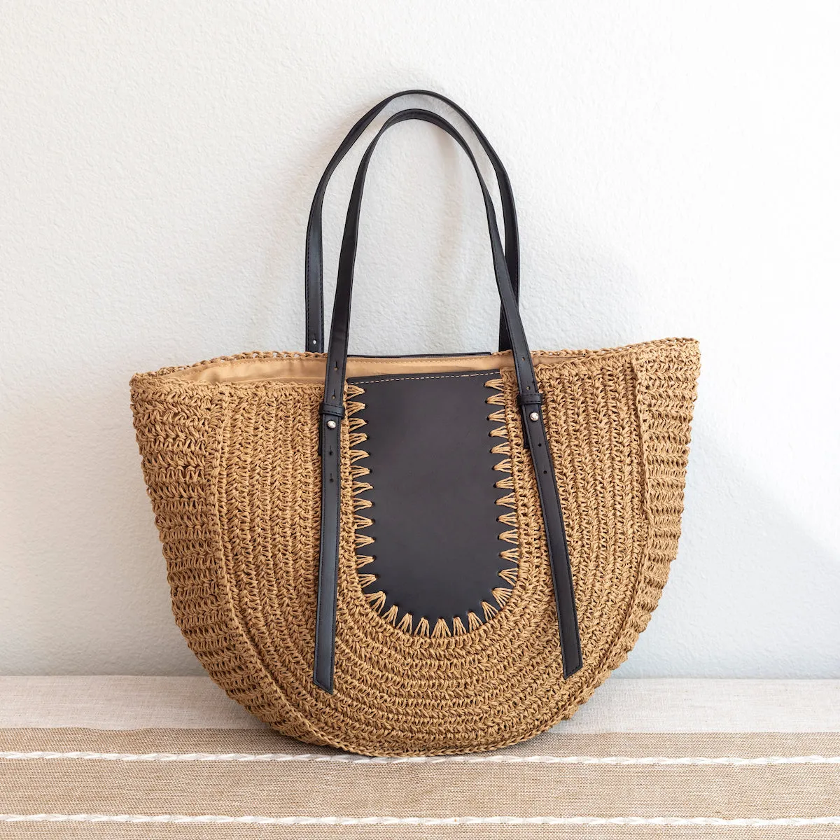 Elena Handbags Large Straw Woven Round Tote with Brown Leather Accents - Perfect Beach Bag or Summer Handbag