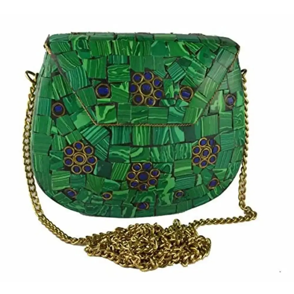 Eshopitude Gift Item Chipped Stone Metal Clutch Green (Malachite) Onyx Gemstone Sling Bag