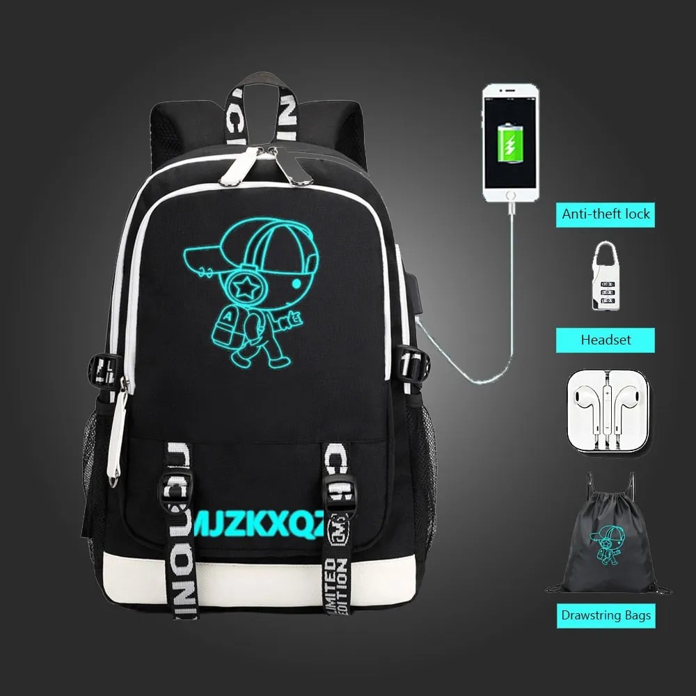 Fashion Music Luminous  USB Charging Headphone Jack Backpack School Bags Laptop Backpack Schoolbag Anime Backpack