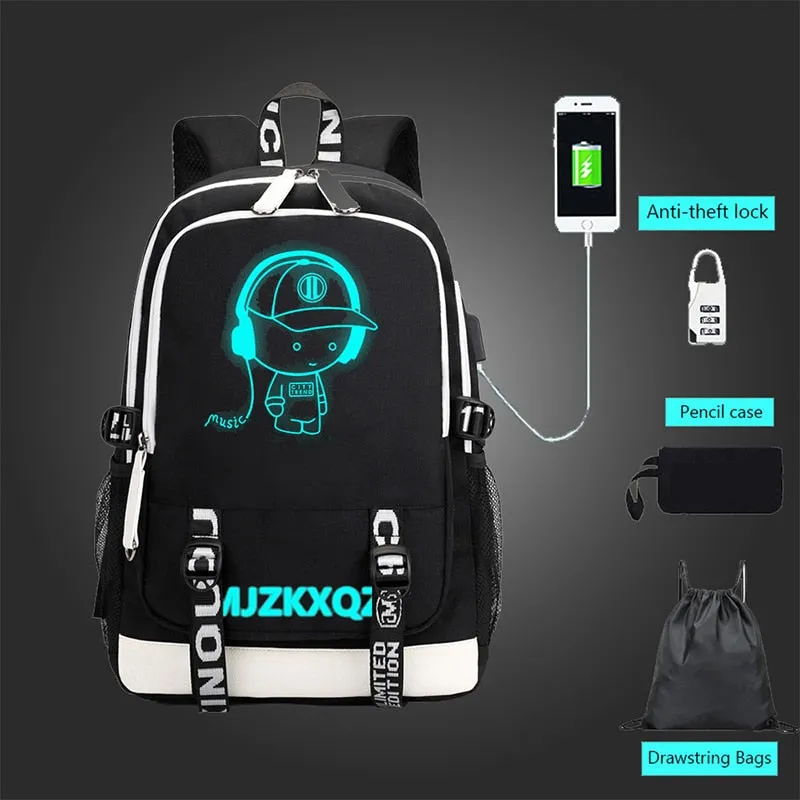 Fashion Music Luminous  USB Charging Headphone Jack Backpack School Bags Laptop Backpack Schoolbag Anime Backpack