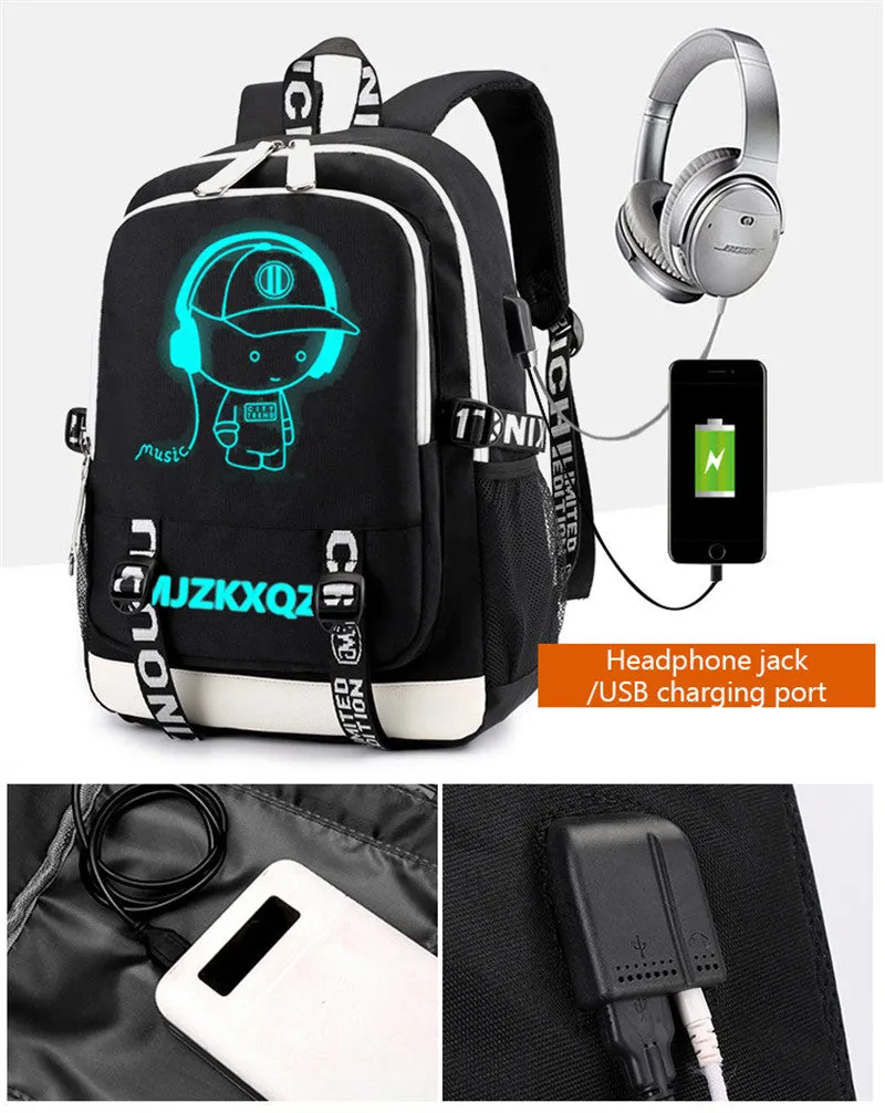 Fashion Music Luminous  USB Charging Headphone Jack Backpack School Bags Laptop Backpack Schoolbag Anime Backpack