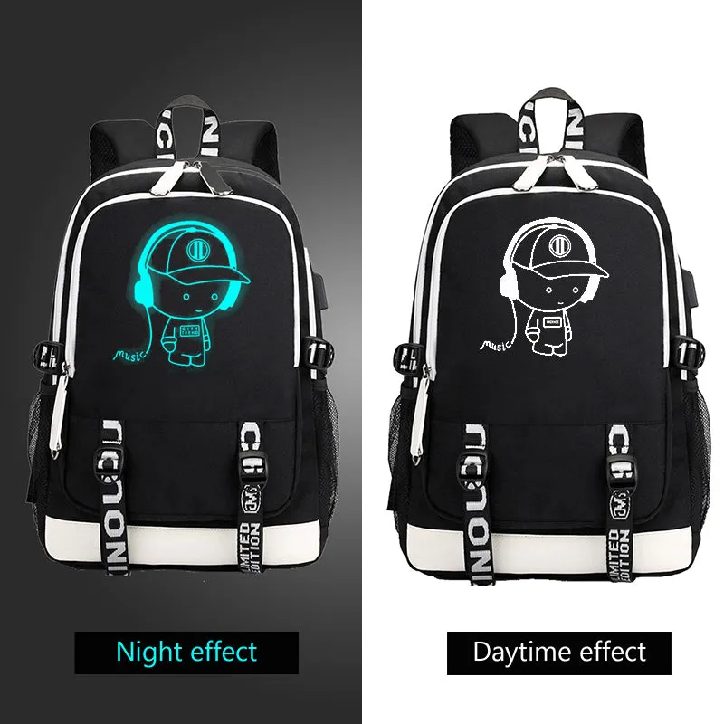 Fashion Music Luminous  USB Charging Headphone Jack Backpack School Bags Laptop Backpack Schoolbag Anime Backpack