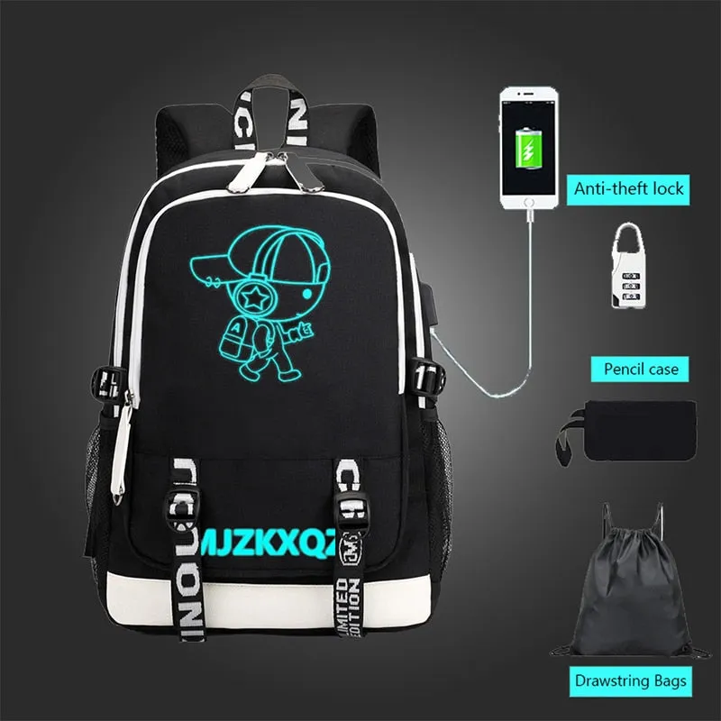 Fashion Music Luminous  USB Charging Headphone Jack Backpack School Bags Laptop Backpack Schoolbag Anime Backpack