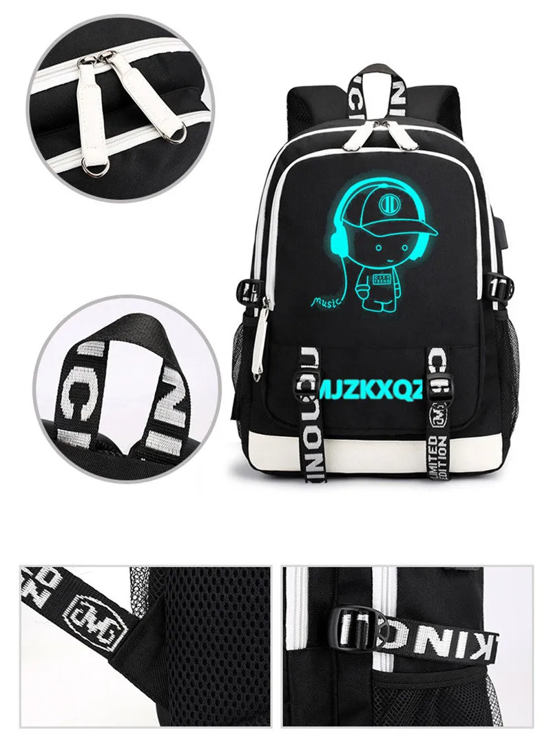 Fashion Music Luminous  USB Charging Headphone Jack Backpack School Bags Laptop Backpack Schoolbag Anime Backpack