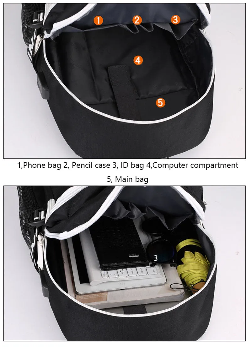 Fashion Music Luminous  USB Charging Headphone Jack Backpack School Bags Laptop Backpack Schoolbag Anime Backpack