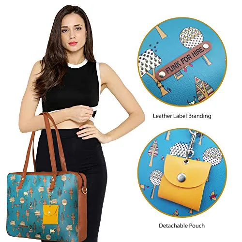 Funk For Hire Women Printed Vegan 15.6 inch Leather Laptop Handbag/Sling Bag Teal Blue