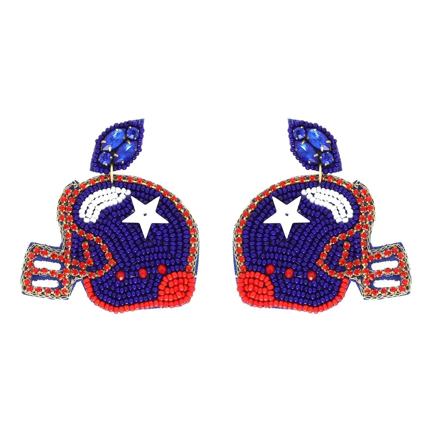 Game Day Seed Bead Football Helmet Earrings- Navy & Red