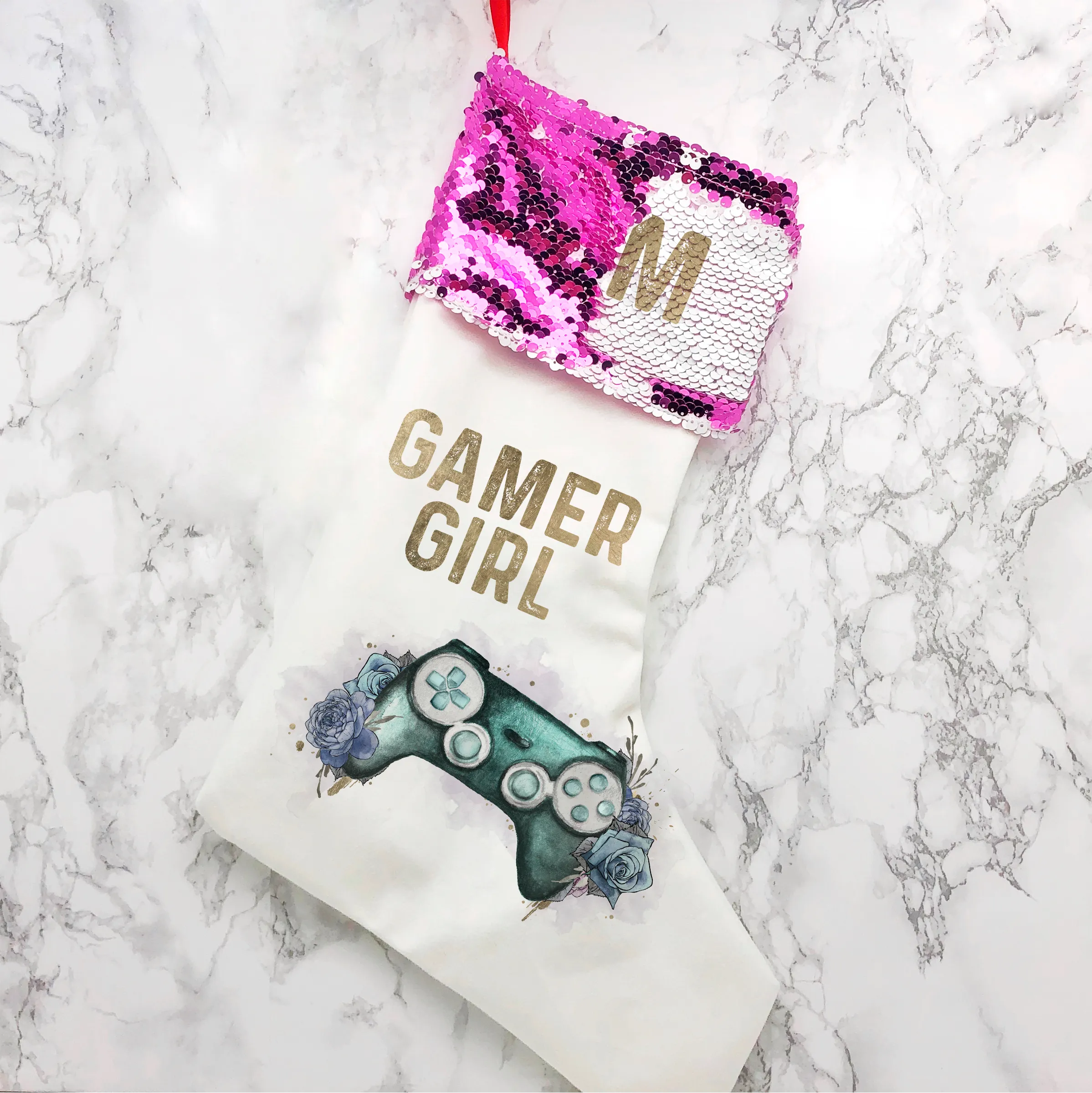 Gamer Girl Floral Personalised Sequin Topped Christmas Stocking