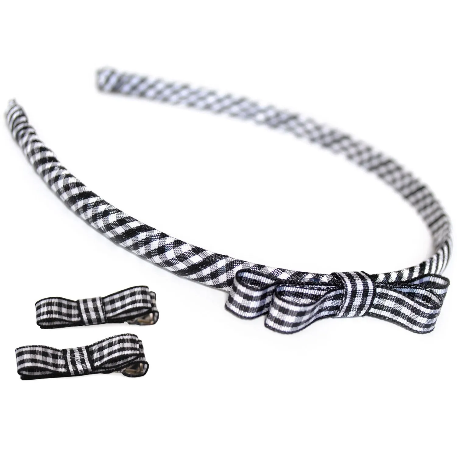 Gingham Ribbon School Headband and Ribbon Clips Set