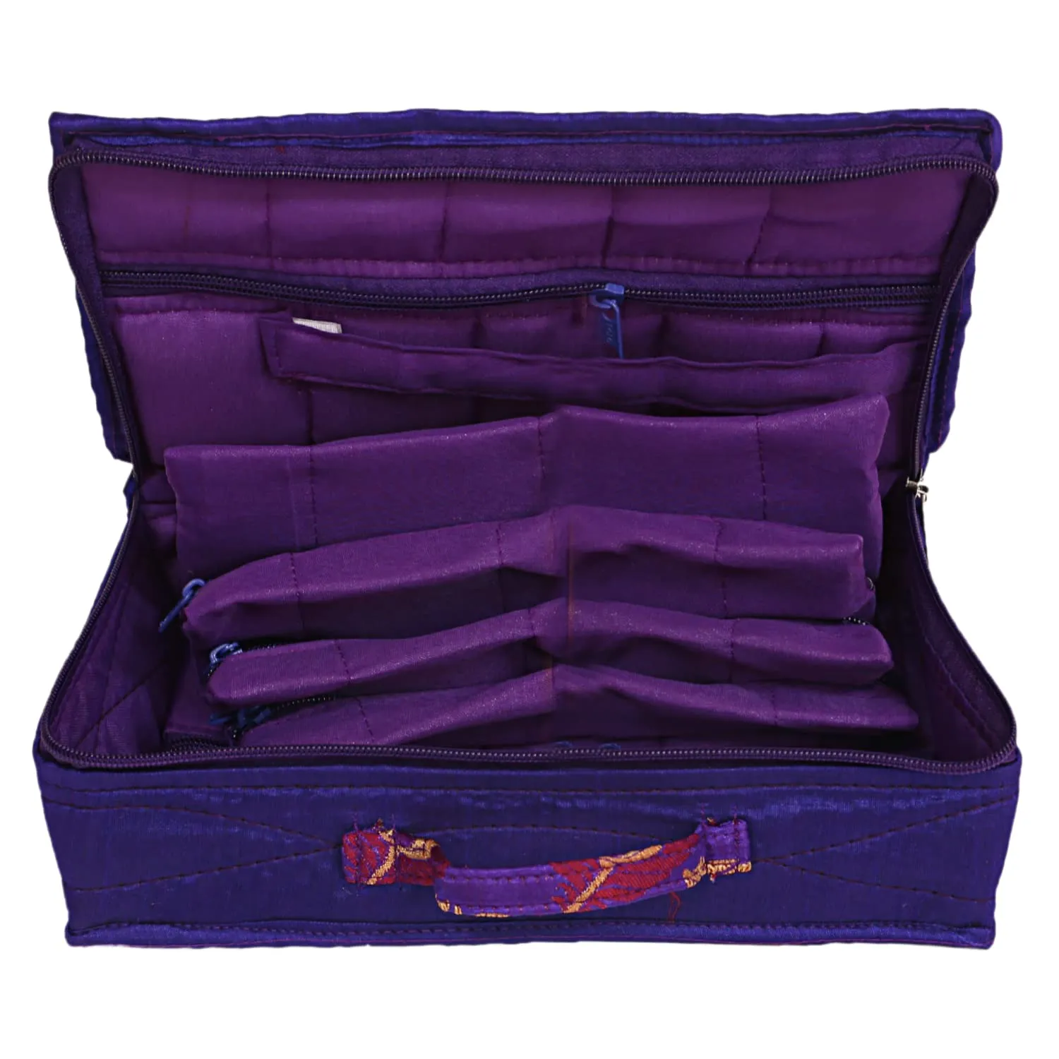 Heart Home Feather Print Satin Jewellery Organizer For Small Jewellery With 4 Pouches (Purple) 54HH4060.