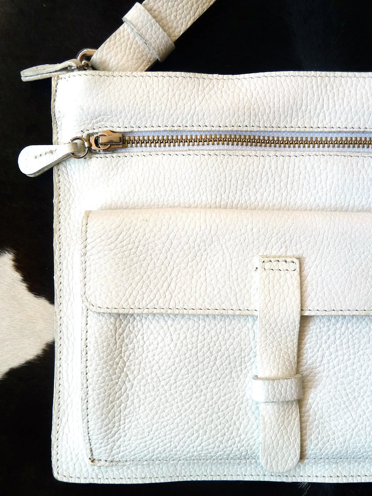 Hippie Crossbody Travel Bag White Pebble Grain Leather