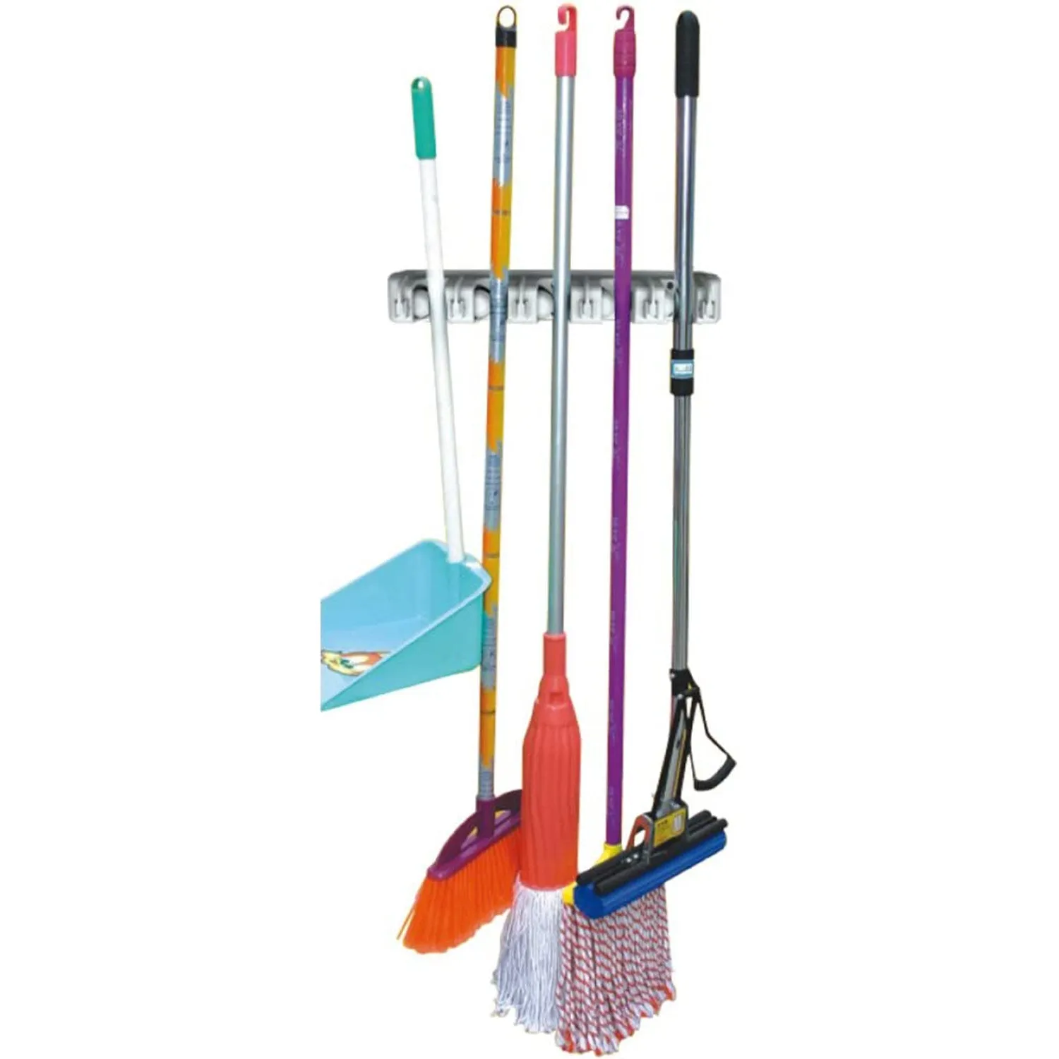 Home Basics Plastic 5 Slot and 6 Hook Mop and Broom Organizer, White