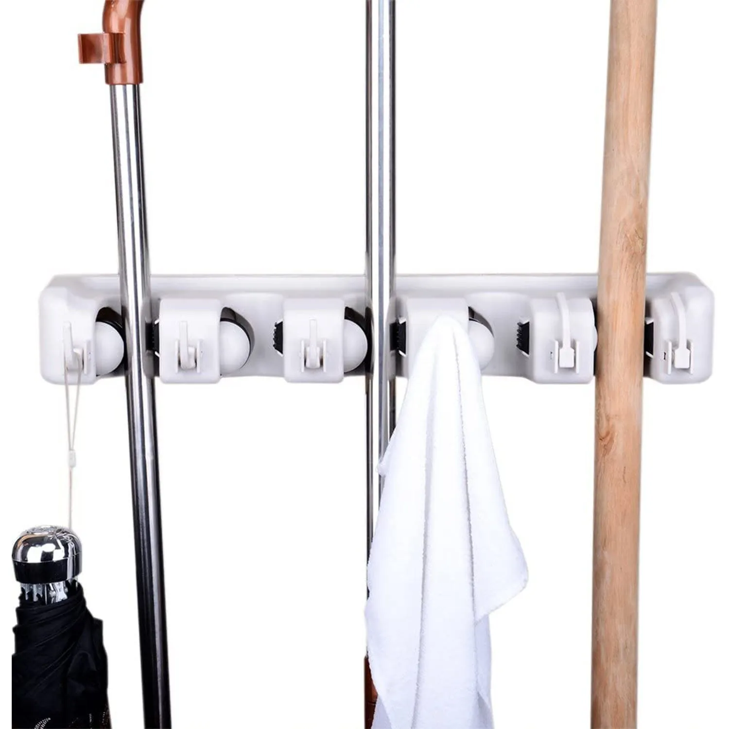 Home Basics Plastic 5 Slot and 6 Hook Mop and Broom Organizer, White