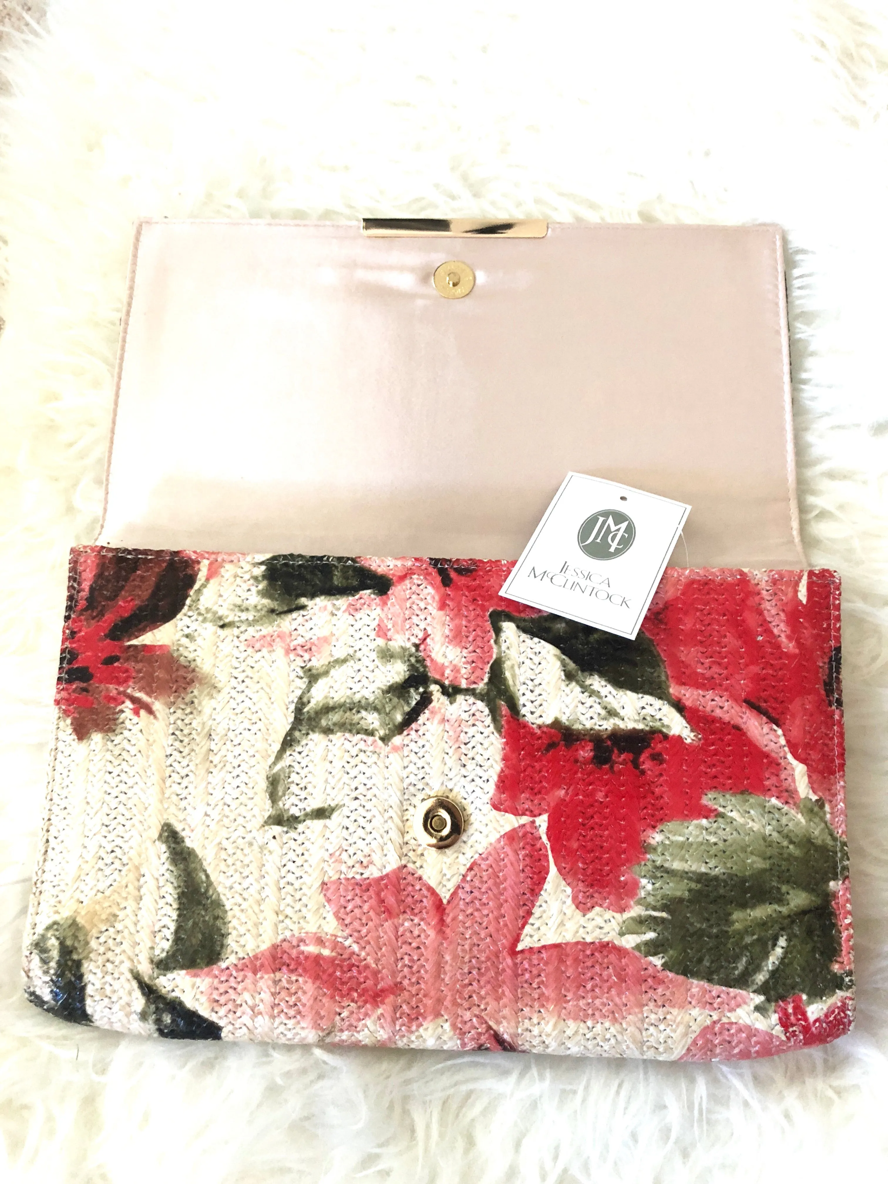 Jessica McClintock Straw Floral Clutch NWT