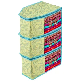 Kuber Industries Blouse Cover | Clothes Storage Bag | Zipper Wardrobe Organizers | Non-Woven Clothes Organiser | Side Transparent Blouse Organizer | Leaf-Design | Pack of 3 | Green