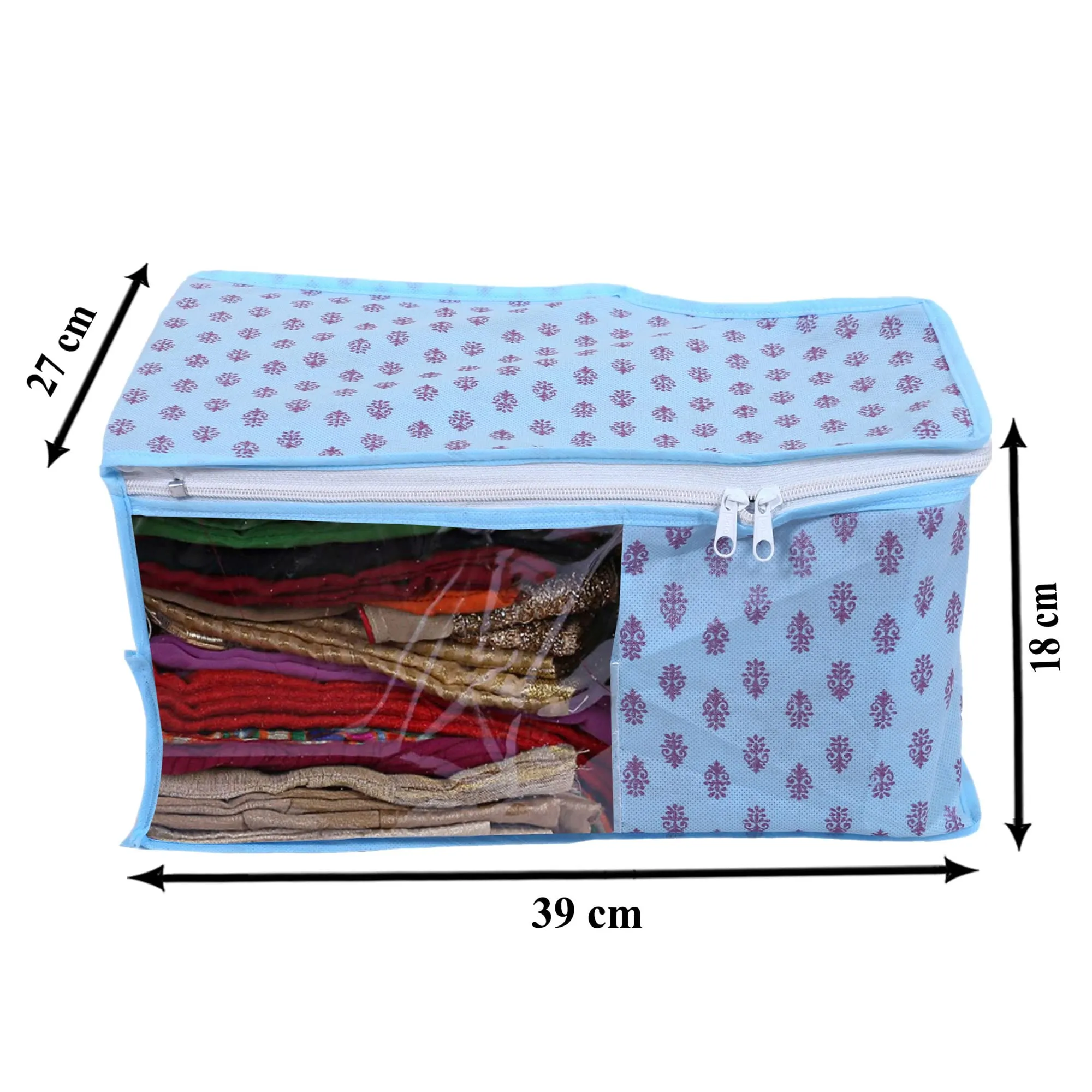 Kuber Industries Non-Woven Floral Print Foldable Blouse Cover|Clothes Organizer For Home & Traveling With Front Window Extra Large Pack of 12 (Sky Blue)