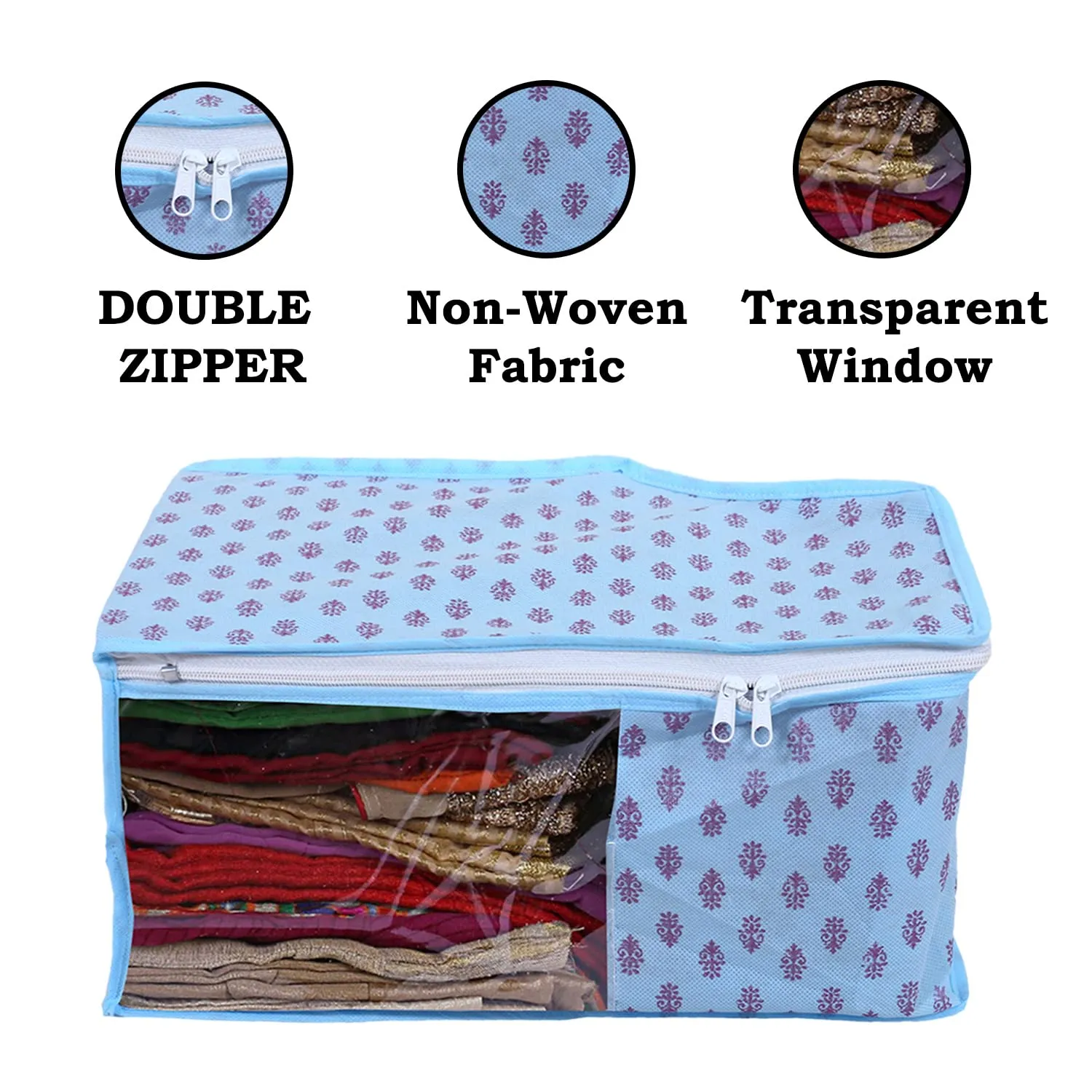 Kuber Industries Non-Woven Floral Print Foldable Blouse Cover|Clothes Organizer For Home & Traveling With Front Window Extra Large Pack of 12 (Sky Blue)