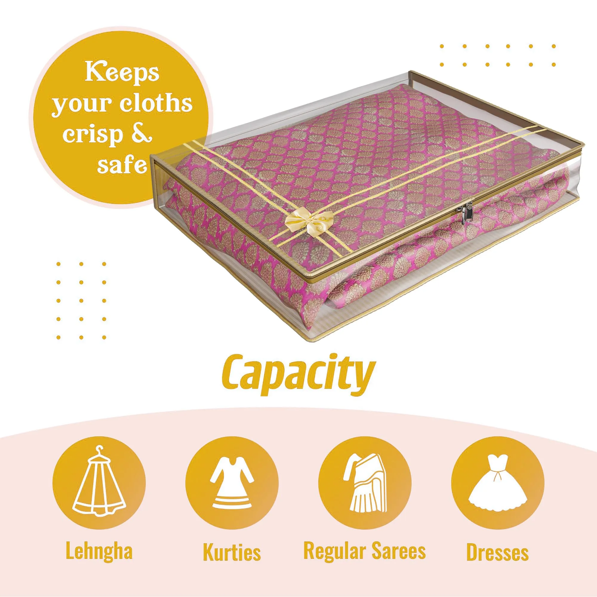 Kuber Industries Saree Cover | Clothes Storage Bag | Suit Packing Cover | Cloth Stoarge Organizer | Wardrobe Cloth Storage Organiser with Zip | Lining Bow Transparent | 3 Inch | Pack of 9 | Gold