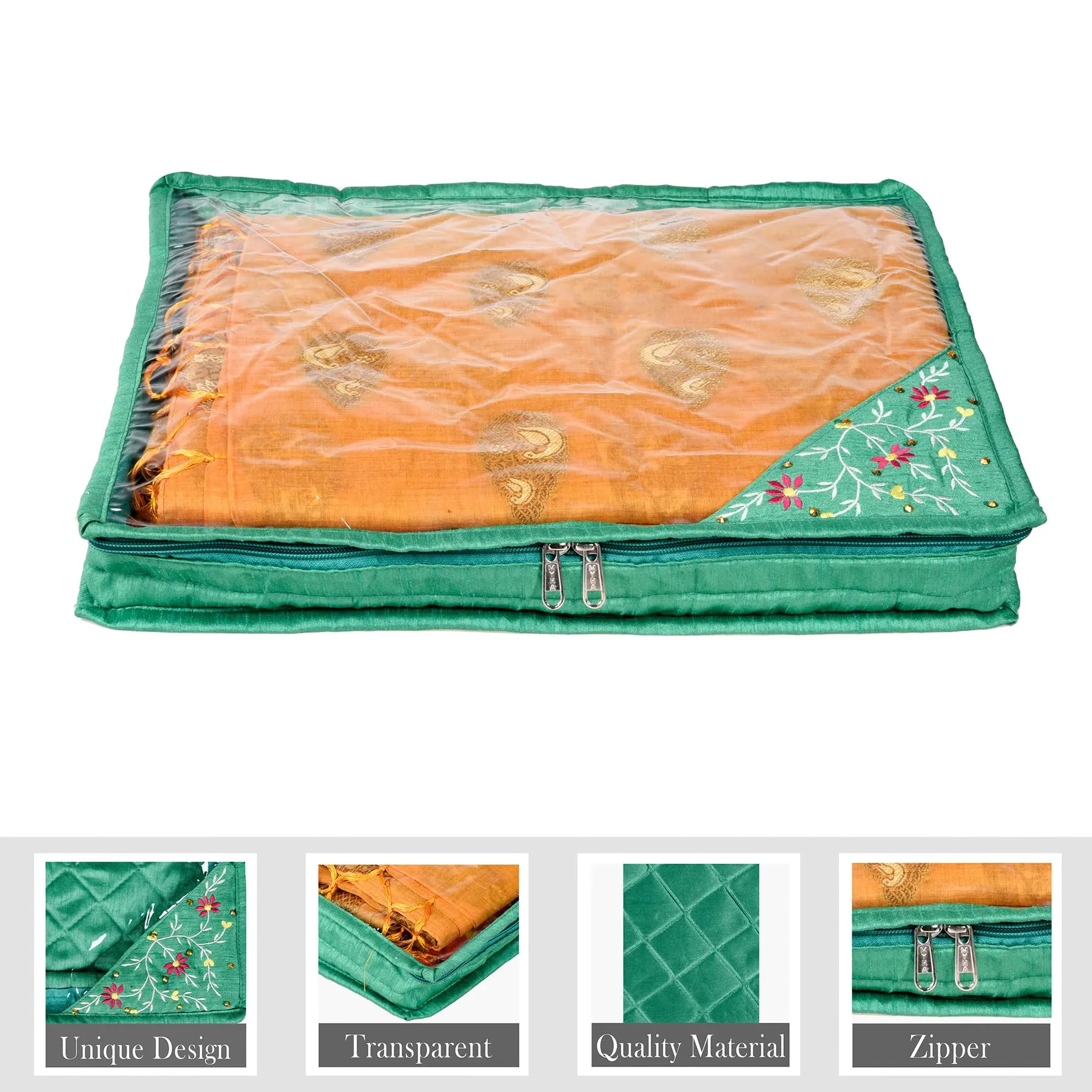 Kuber Industries Saree Cover | Clothes Storage Bag | Suit Packing Cover | Cloth Stoarge Organizer | Wardrobe Cloth Storage Organiser with Zip | Side Embroidery-Design | 3 Inch | Pack of 6 | Green